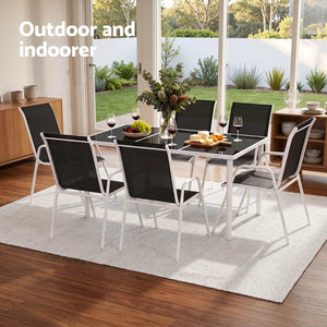 Gardeon 7 Piece Outdoor Dining Set with a black glass-top table and six black Textilene chairs on white steel frames
