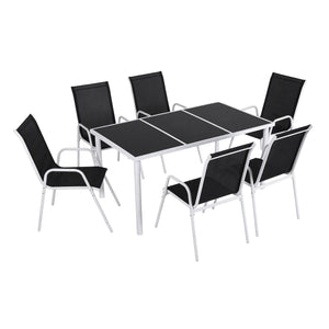 Gardeon 7 Piece Outdoor Dining Set with a black rectangular table and six black Textilene chairs on white steel frames