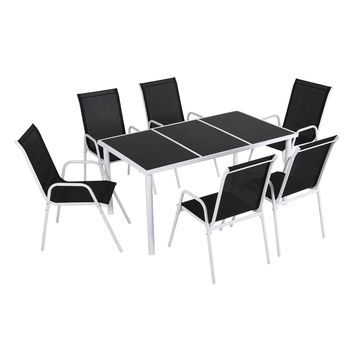 Gardeon 7 Piece Outdoor Dining Set with a black rectangular table and six black Textilene chairs on white steel frames