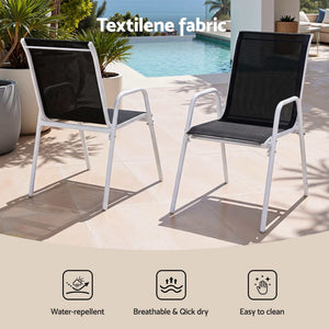 Gardeon 7 Piece Outdoor Dining Set with black Textilene chairs, white steel frames and breathable, quick-dry seats