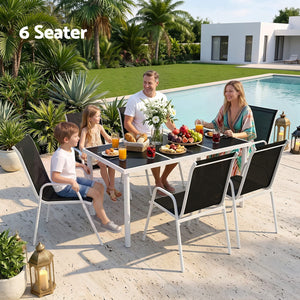 Gardeon 7 Piece Outdoor Dining Set with a rectangular glass table and six black Textilene chairs on steel frames