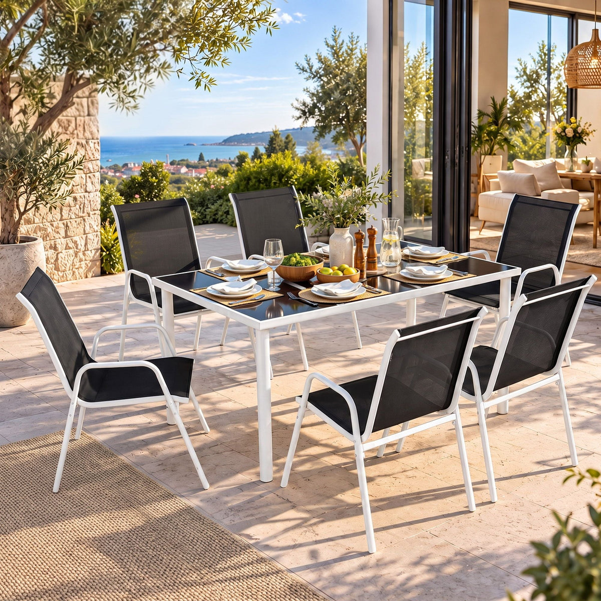 Gardeon 7 Piece Outdoor Dining Set with black Textilene chairs, white steel frames and a rectangular glass-top table