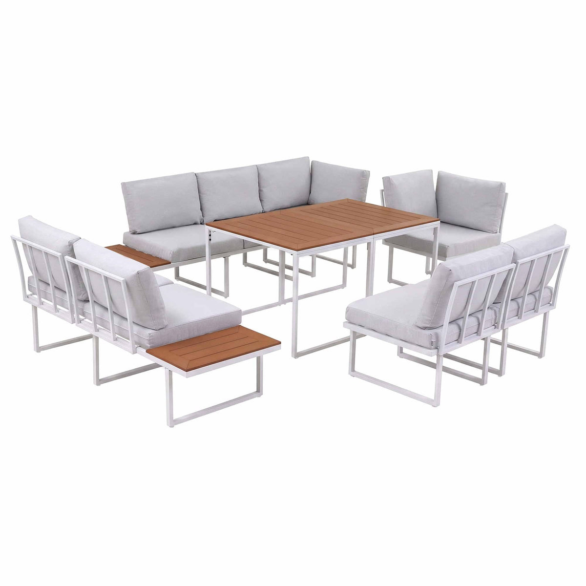 Gardeon 8 Seater Outdoor Dining Sofa Set with pale grey cushions, white metal frames, wood-tone tables and side table