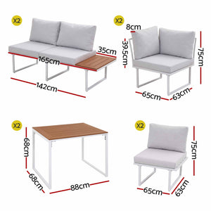 Gardeon 8 Seater Outdoor Dining Sofa Set with pale grey cushions, white steel frames and brown wood-look table tops