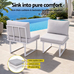 Gardeon 8 Seater Outdoor Dining Sofa Set with white fabric cushions, backrests and sleek white steel frames