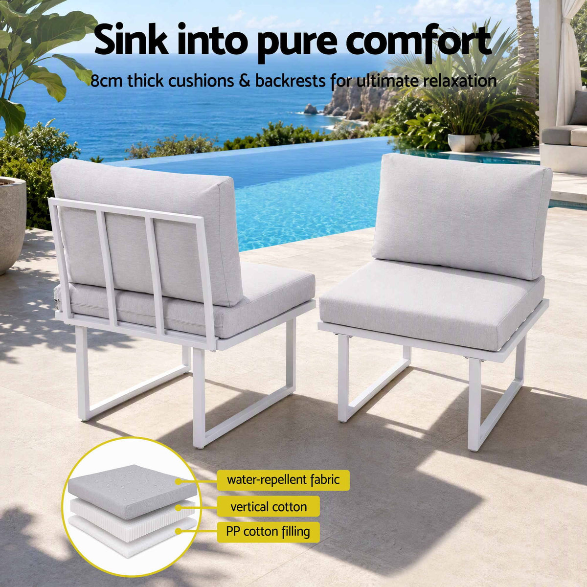 Gardeon 8 Seater Outdoor Dining Sofa Set with white fabric cushions, backrests and sleek white steel frames