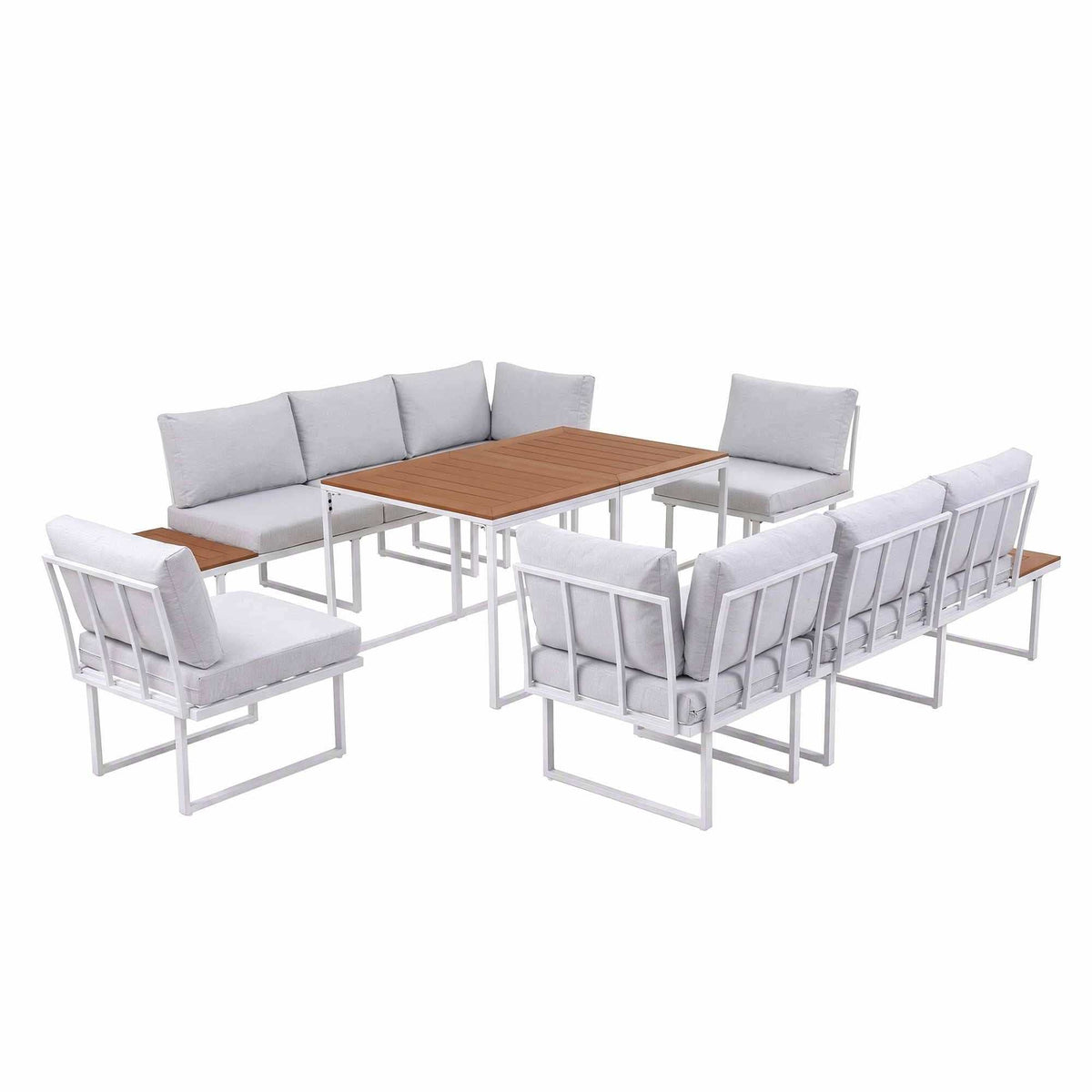 Gardeon 8 Seater Outdoor Dining Sofa Set with white cushioned steel-frame sofas, brown wood-look tables and side tables