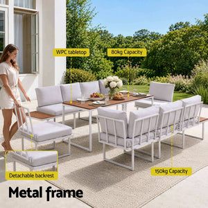 Gardeon 8 Seater Outdoor Dining Sofa Set with white cushioned metal-frame sofas and brown WPC dining tables