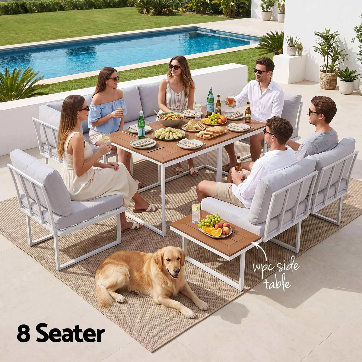 Gardeon 8 Seater Outdoor Dining Sofa Set with white metal frames, pale cushions, wood-look tables and WPC side tables