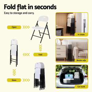 Gardeon 9PCS Outdoor Dining Set with white plastic folding chairs and black metal frames, shown folded for storage
