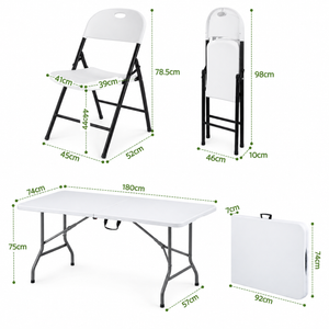 Gardeon 9PCS Outdoor Dining Set in white, with a folding rectangular table and stackable chairs shown with dimensions.