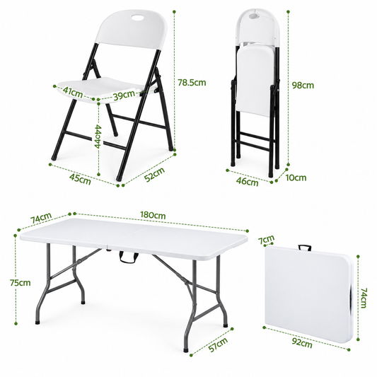Gardeon 9PCS Outdoor Dining Set in white, with a folding rectangular table and stackable chairs shown with dimensions.