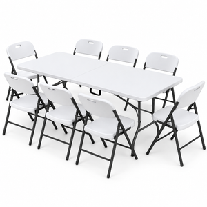 Gardeon 9PCS Outdoor Dining Set with a white rectangular folding table and eight white chairs on black steel frames