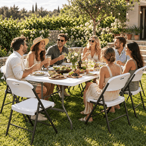 Gardeon 9PCS Outdoor Dining Set with a white folding table and chairs, smooth plastic surfaces and dark steel frames