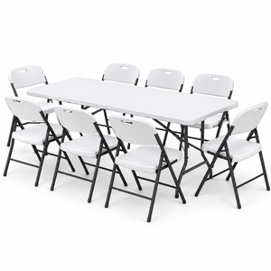 Gardeon 9PCS Outdoor Dining Set with a white rectangular folding table and eight white folding chairs on dark steel frames