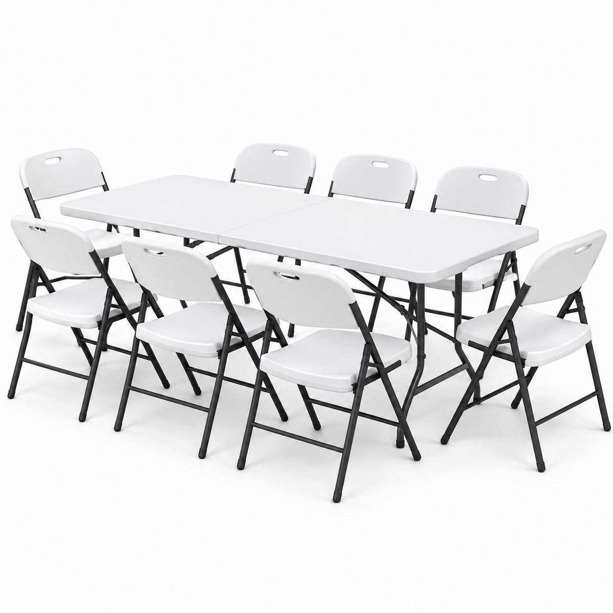 Gardeon 9PCS Outdoor Dining Set with a white rectangular folding table and eight white folding chairs on dark steel frames