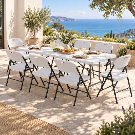 Gardeon 9PCS Outdoor Dining Set with a white rectangular folding table and eight white chairs on black metal frames