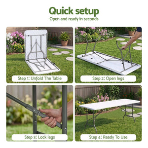 Gardeon 9PCS Outdoor Dining Set with a white folding table and black powder-coated steel legs, shown in setup steps.