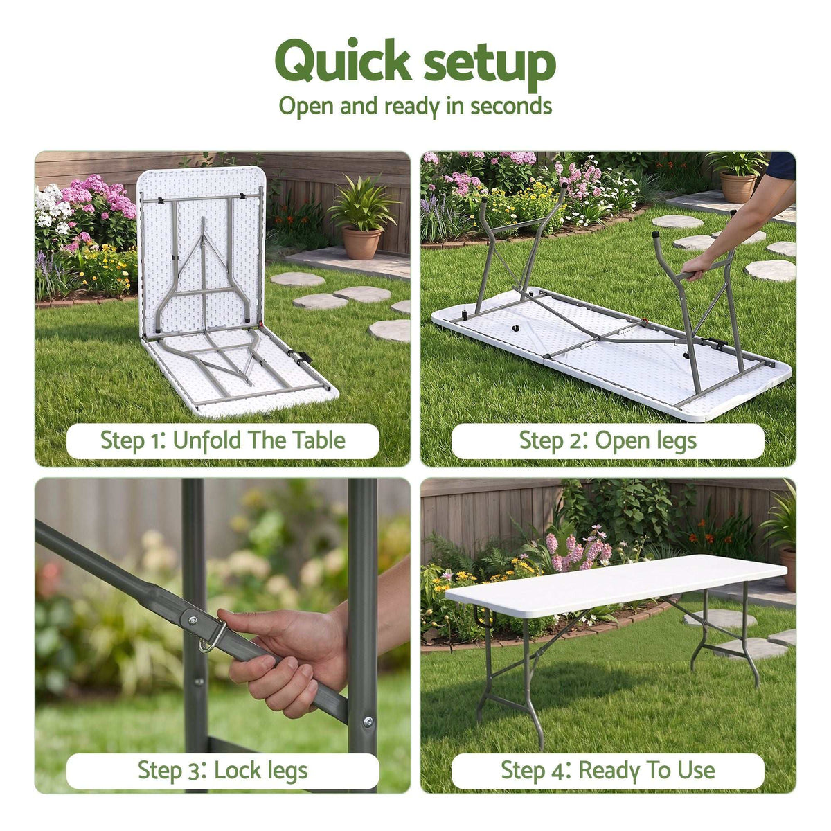 Gardeon 9PCS Outdoor Dining Set with a white folding table and black powder-coated steel legs, shown in setup steps.