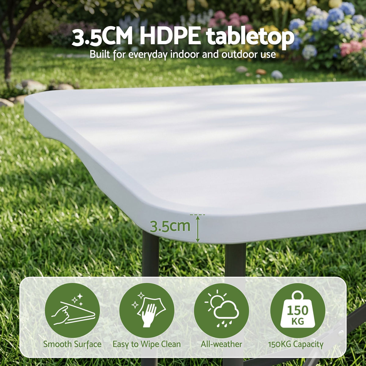 Gardeon 9PCS Outdoor Dining Set with a white 3.5cm HDPE tabletop and smooth, easy-clean surface