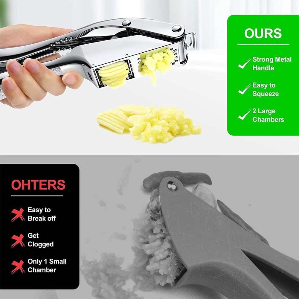 Garlic Press Garlic Press in shiny chrome-plated metal with a hinged handle and dual chambers for slicing and crushing garlic
