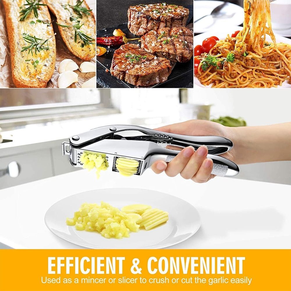 Garlic Press Garlic Press with a shiny silver metal body, black anti-slip handle and dual mincing and slicing chambers