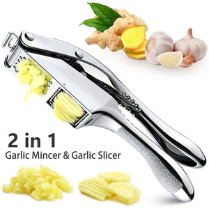 Garlic Press Garlic Press in shiny silver stainless steel, with a dual-function crushing chamber, slicing blade and textured handle