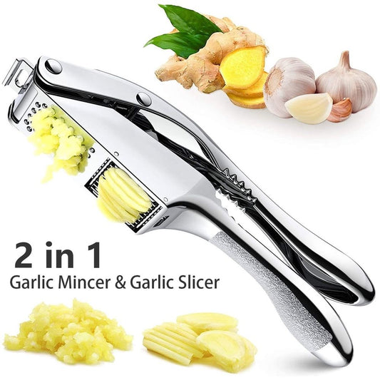 Garlic Press Garlic Press in shiny silver stainless steel, with a dual-function crushing chamber, slicing blade and textured handle