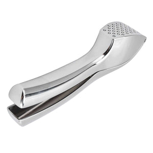 Garlic Press Zinc Alloy in polished silver metal with an ergonomic curved handle and perforated pressing plate