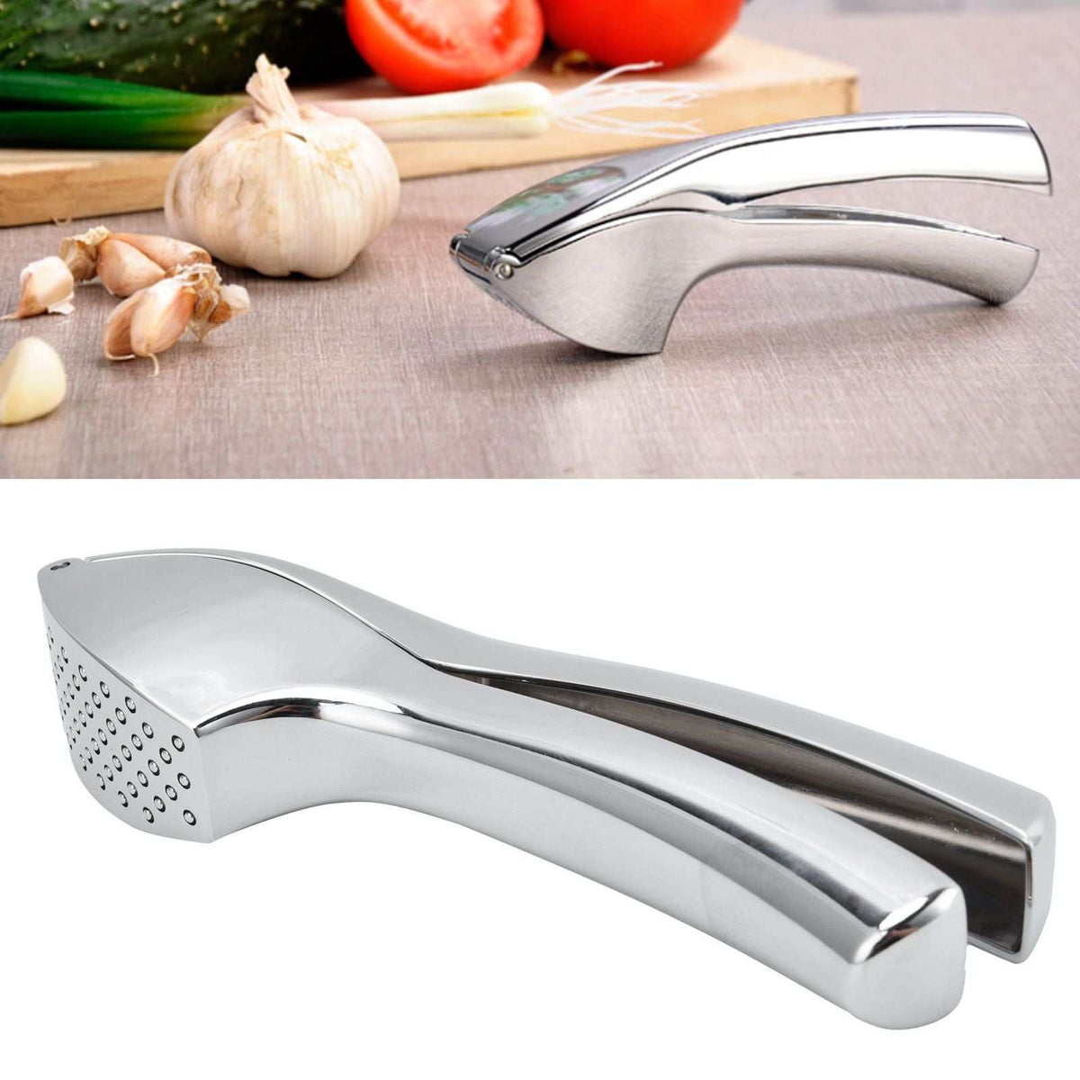Garlic Press Zinc Alloy with a polished silver finish, curved ergonomic handles and a perforated pressing head