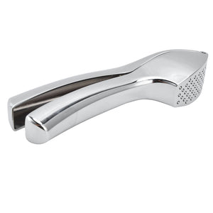 Garlic Press Zinc Alloy with a polished silver finish, curved ergonomic handles and a perforated pressing chamber.
