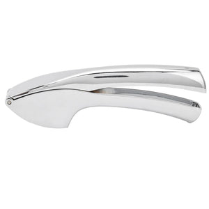 Garlic Press Zinc Alloy with a polished silver metal finish, curved ergonomic handles and a hinged press head