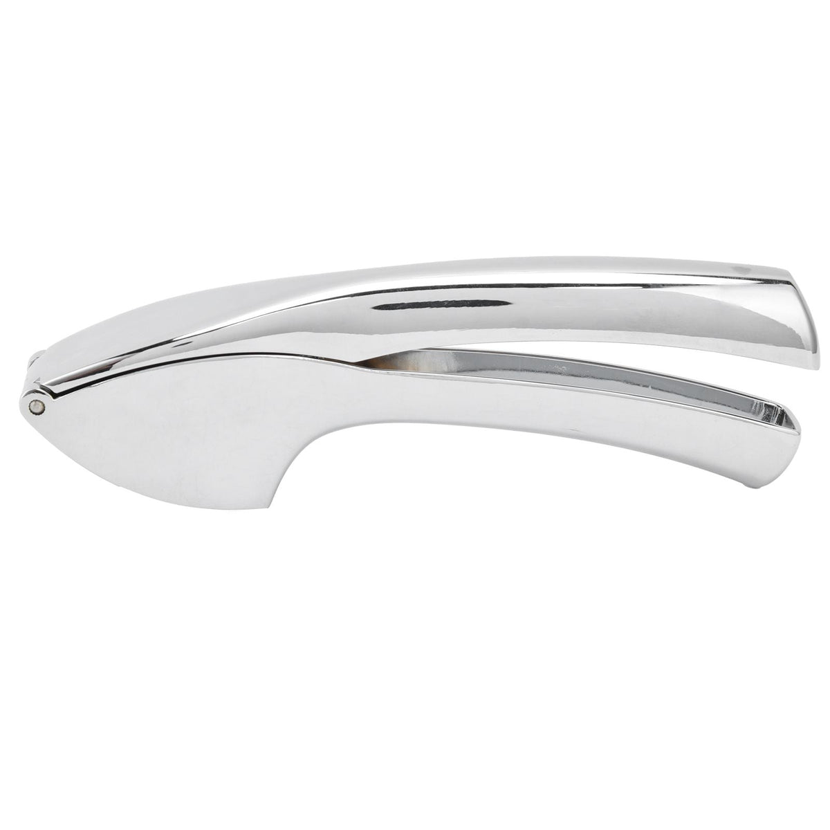 Garlic Press Zinc Alloy with a polished silver metal finish, curved ergonomic handles and a hinged press head