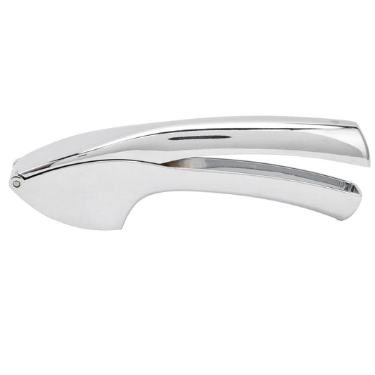 Garlic Press Zinc Alloy with a polished silver metal finish, curved ergonomic handles and a hinged press head