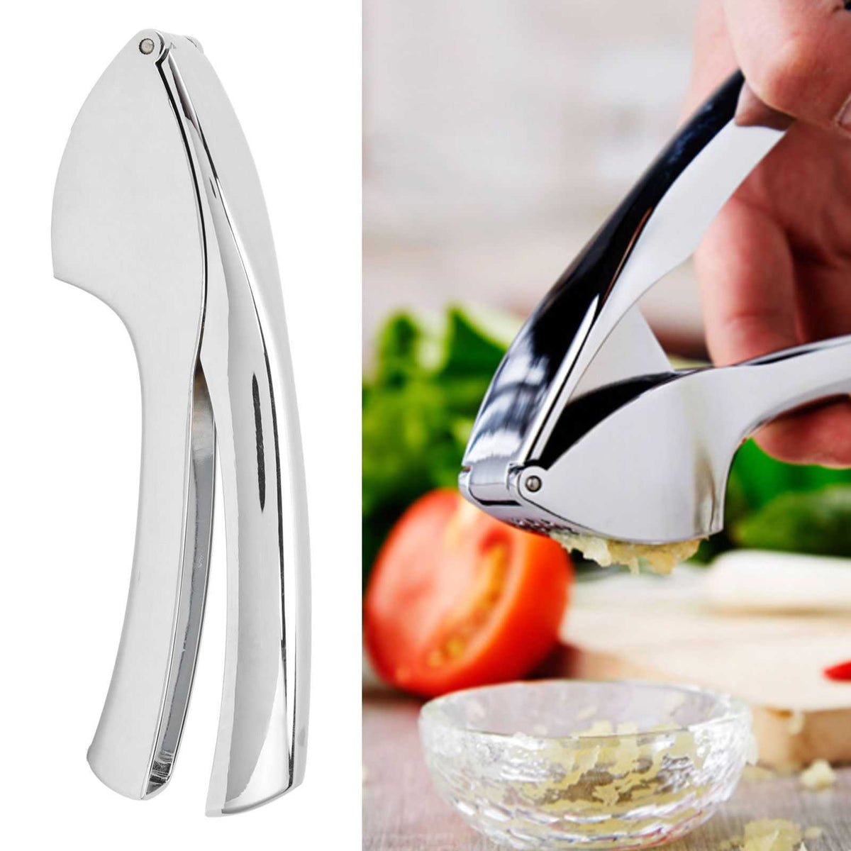 Garlic Press Zinc Alloy with a polished silver metal body, curved ergonomic handles and a perforated pressing chamber