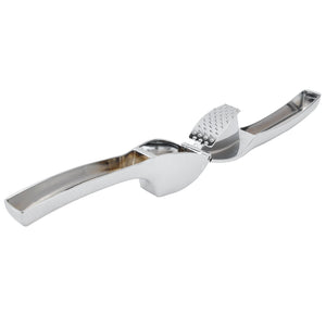 Garlic Press Zinc Alloy with a polished silver metal finish, long ergonomic handles and a perforated pressing plate