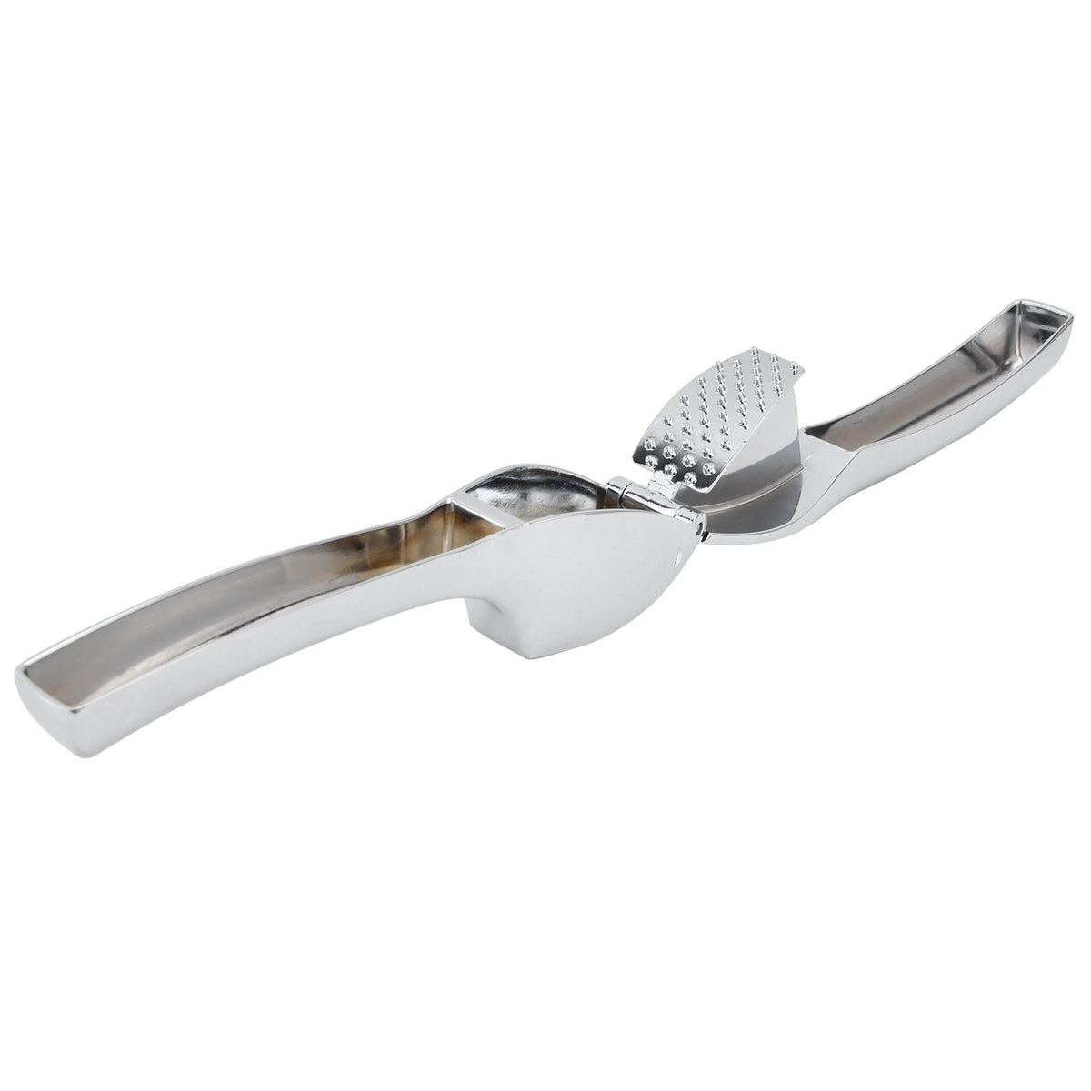 Garlic Press Zinc Alloy with a polished silver metal finish, long ergonomic handles and a perforated pressing plate