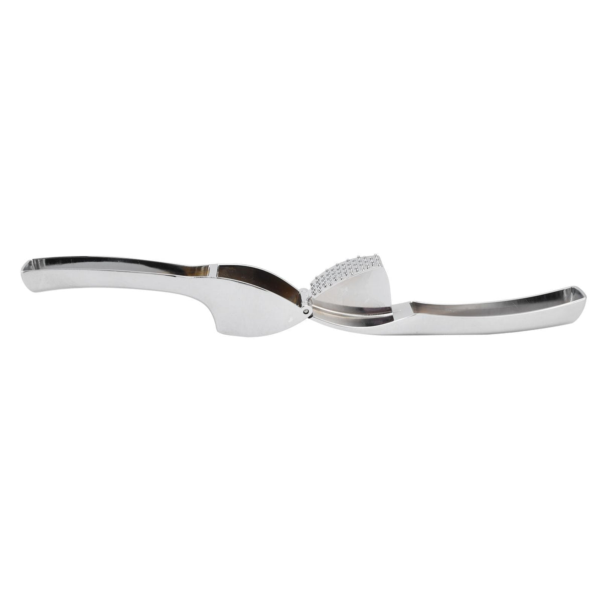 Garlic Press Zinc Alloy with a shiny silver metal finish, hinged ergonomic handles and a textured pressing plate