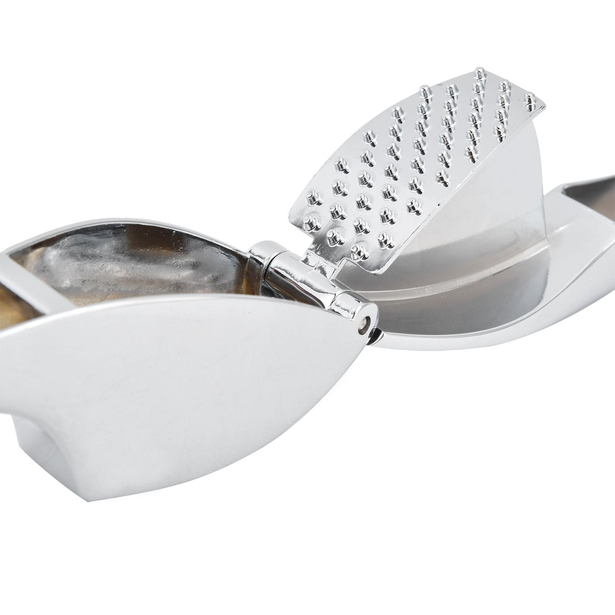 Garlic Press Zinc Alloy in polished silver metal with hinged handles and a raised perforated crushing plate