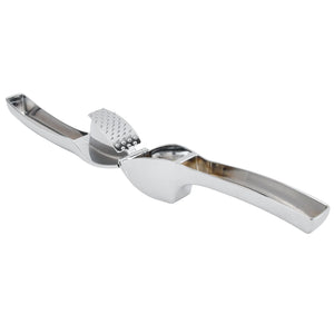 Garlic Press Zinc Alloy, a polished silver metal press with long ergonomic handles and a perforated mashing plate.