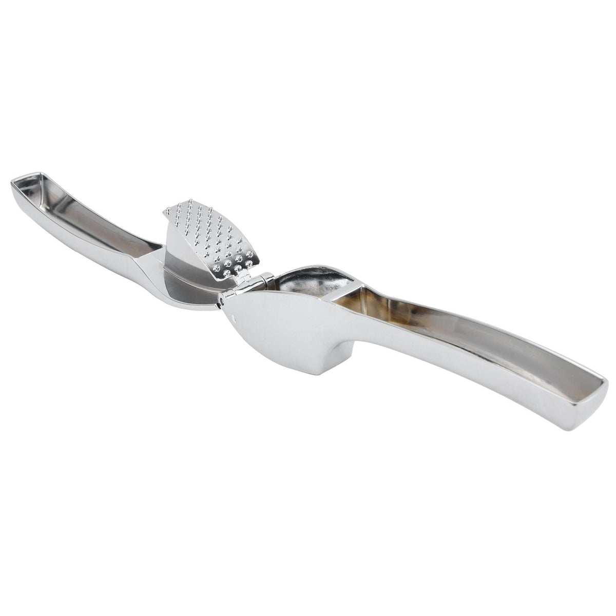 Garlic Press Zinc Alloy, a polished silver metal press with long ergonomic handles and a perforated mashing plate.