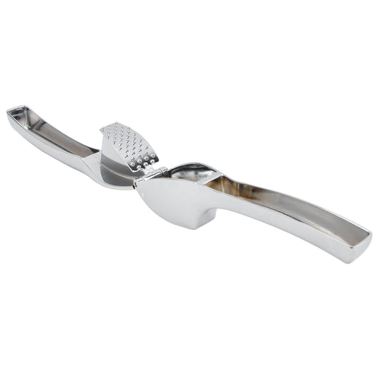 Garlic Press Zinc Alloy, a polished silver metal press with long ergonomic handles and a perforated mashing plate.