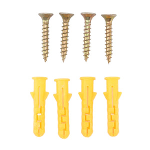 Glass Clamp mounting hardware includes four gold-toned screws and four yellow plastic wall plugs
