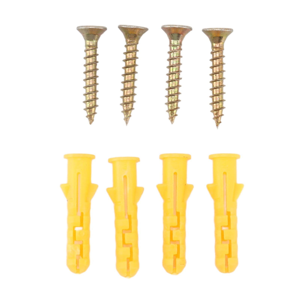 Glass Clamp mounting hardware includes four gold-toned screws and four yellow plastic wall plugs