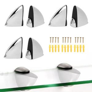 Glass Clamp shelf brackets in polished silver zinc alloy with black pads, shown with screws and anchors
