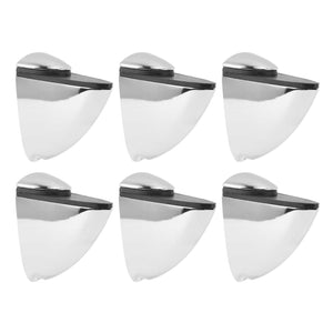 Glass Clamp brackets in reflective silver metal, six triangular shelf supports with dark horizontal rubber-lined slots