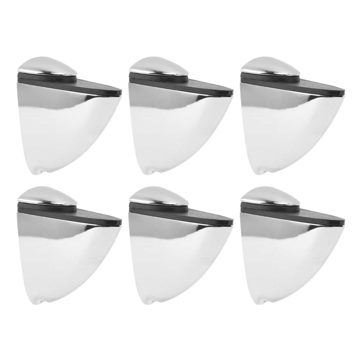 Glass Clamp brackets in reflective silver metal, six triangular shelf supports with dark horizontal rubber-lined slots