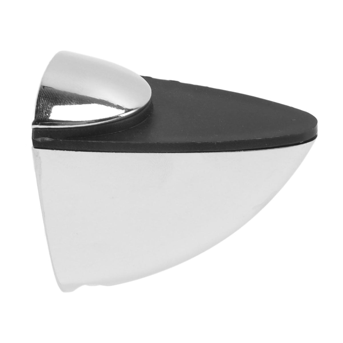 Glass Clamp bracket with a polished silver zinc alloy body, black rubber pad and rounded triangular shelf support