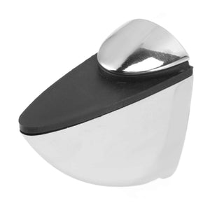 Glass Clamp with a polished silver zinc alloy body, black rubber-lined top, and rounded adjustable shelf support