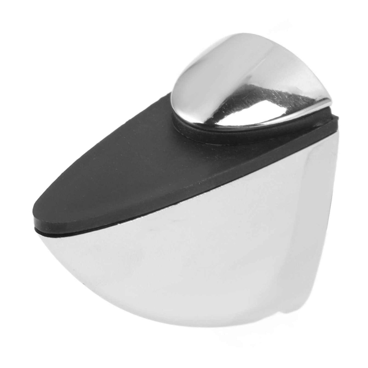 Glass Clamp with a polished silver zinc alloy body, black rubber-lined top, and rounded adjustable shelf support